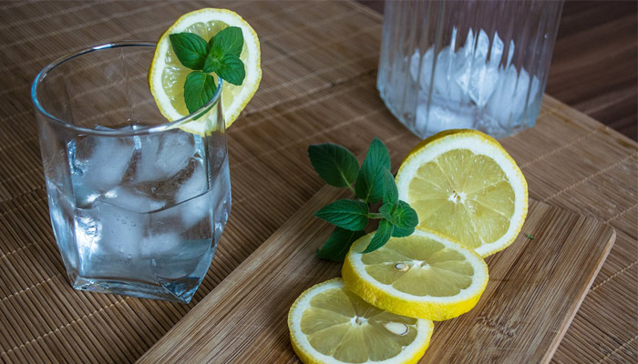 glass with ice and aloe vera juice and lemon