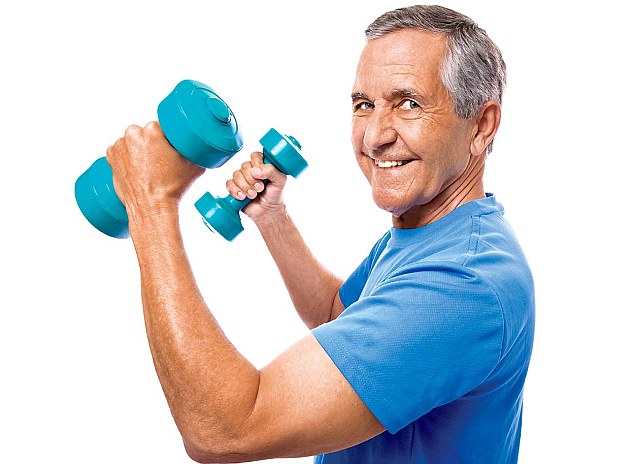 Old man carrying dumbbell